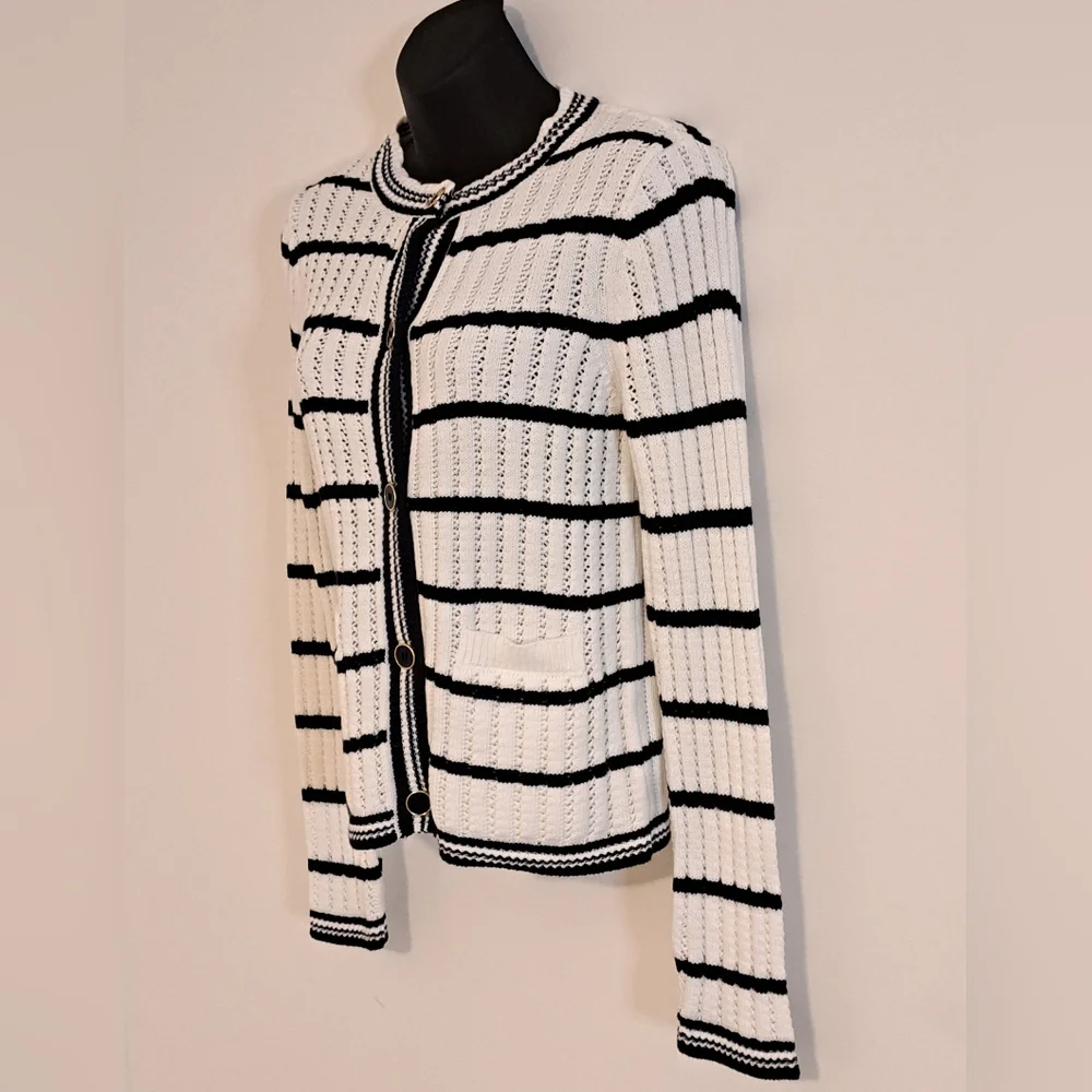 Free Assembly Black & White Striped Knit Long Sleeve Cardigan Sweater Size XS